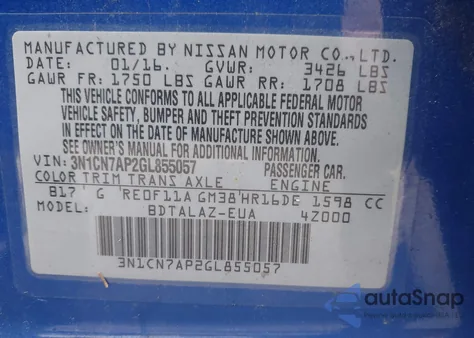 2016 Nissan Versa 1.6 S+ z USA, uszkodzony, nr VIN 3N1CN7AP2GL855057